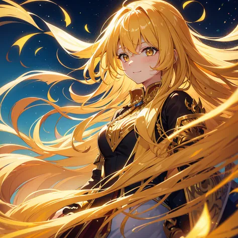 girl, Flowing golden blonde hair, Yellow Eyes, Golden Imperial Costume, Neckline, anime, In the background is a clear sky with sparkling lights, Dynamic Angle, Arrogant Laugh