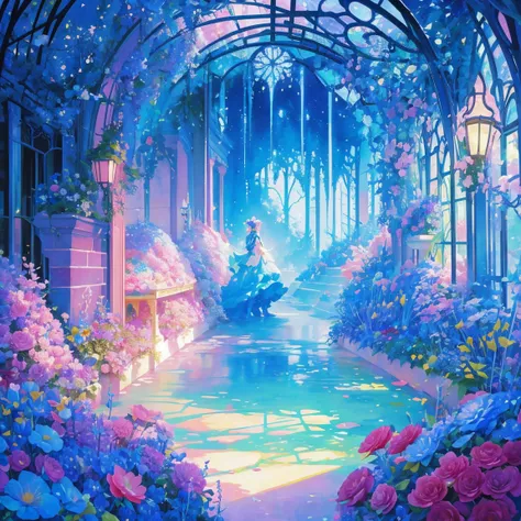 florals ，Colorful flowers ，background are the flowers，Surrounded by flowers，Seamless design，Fantasy Forest, neonlight, Realistic, Glow，Manhwa Style, Paint with vivid watercolors ,extremely detaile, highly detailed, tmasterpiece, Fairy tale background, in w...