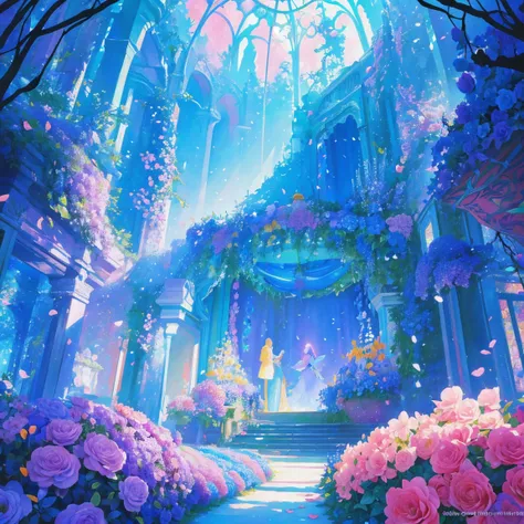 florals ，Colorful flowers ，background are the flowers，Surrounded by flowers，Seamless design，Fantasy Forest, neonlight, Realistic, Glow，Manhwa Style, Paint with vivid watercolors ,extremely detaile, highly detailed, tmasterpiece, Fairy tale background, in w...