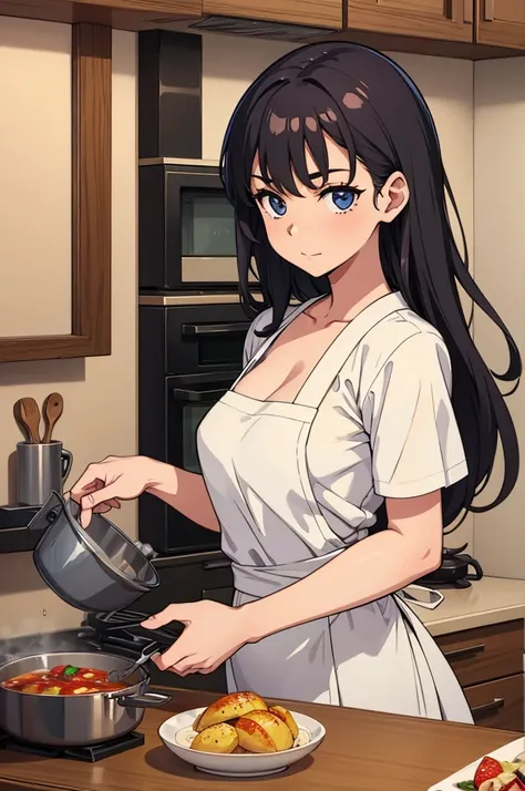 woman in kitchen, looking at camera while cooking fancy food