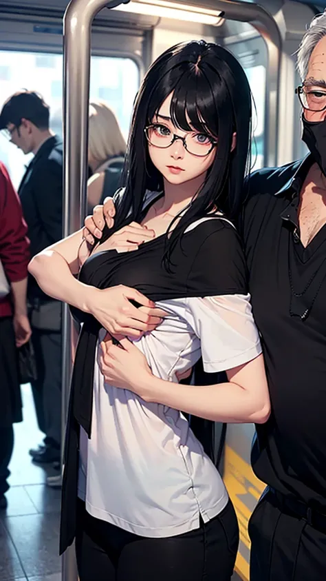 summer、in the train、thick、Sweat、、high school girl、summer服のセーラー服、、Low length、(((((Eyes hidden by long bangs)))))、(((Long black hair:1.2　hair band)))(((Black-rimmed glasses:1.2　black eye)))、Strong sunlight、thicksummerの昼間、Crowded train、Look at this、Front view...