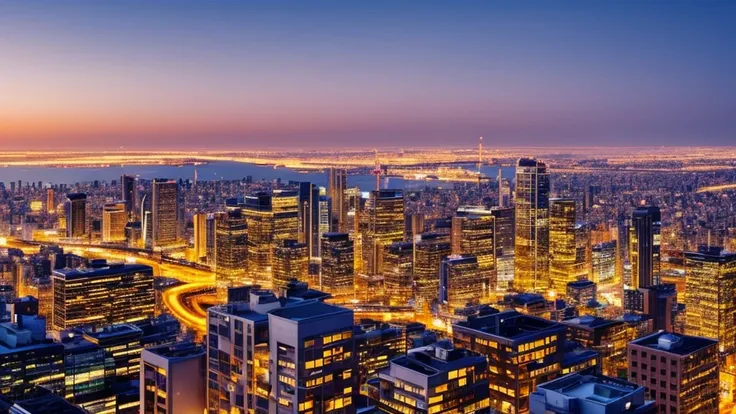 View of the big city from a tall building with tall buildings looking towards the sea lit up with lights, as the sun sets and the sky is golden, with busy streets filled with people enjoying the evening.