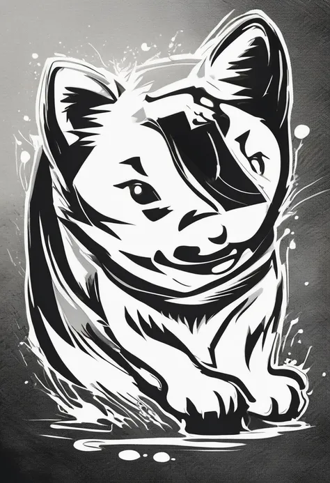 "Dynamic ink brushstroke style, black and white only: illustration by a professional illustrator, featuring a cute wolf pup or Shiba Inu, action shot, high detail, white background, sharp focus, full body, masterpiece, highly detailed, high quality, artist...