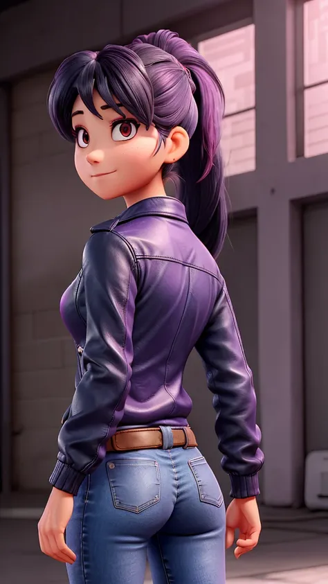 Asian adult woman with pink eyes and dark blue hair tied at the back with a ponytail and part of the hair loose near the back of the head with bangs on the face divided into three strands, with part of the strands being dyed pink, She wears a black leather...