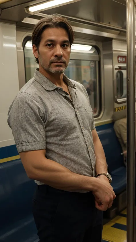 Man on subway train, 40 years old, short hair, gentleman,