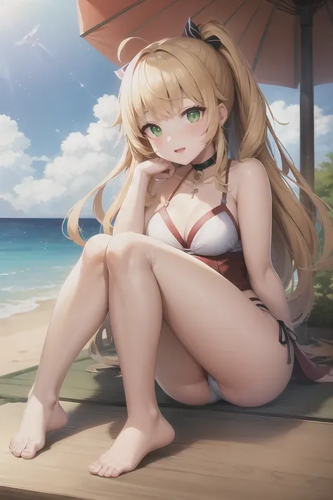 masterpiece, Highest quality, Perfect lighting, Facial Lighting, blonde, choker, Green Eyes, Long Hair, Sexy Swimwear, Japanese ,blush, Breakwatch Viewer, Outdoor break,Stick your butt out