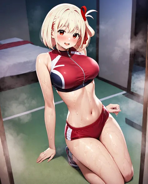 ((nishikigi chisato,red hairribbon,sports bikini, red buruma, zipper pull tab, sportswear, buruma, crop top, stomach, thighs, bare shoulders, navel)),nsfw,((solo girl)),((Perfect body,))((Super beautiful,))((High quality,)), (sweaty,wet fullbody,)Steam,blu...