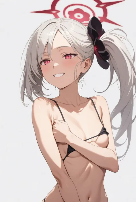 best quality, amazing quality, very aesthetic, absurdres, (1girl, mutsuki, blue archive, solo, red eyes, white hair, side ponytail), (artist official art:1.5), (realistic face:0.7), (grin, lowleg bikini, ), (cowboy shot), (glowing eyes:1.3), (half closed e...