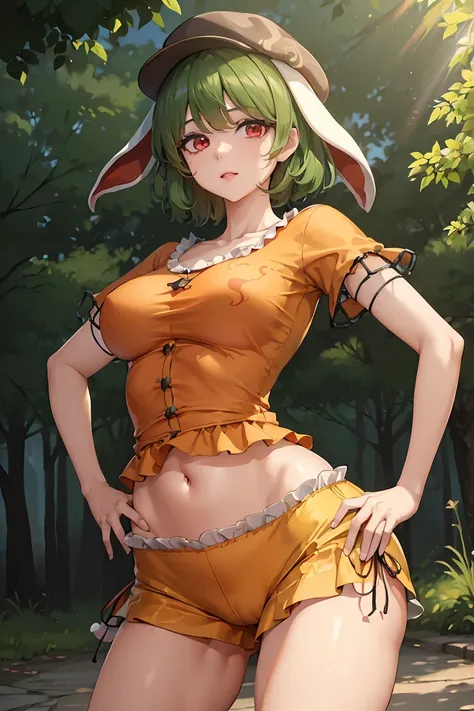 ringo (Touhou), by rubio, short hair, taxi driver hat, Orange shirt, belly button, rabbit ears, Red eyes, clavicle, ruffled dress, yellow shorts, big breasts, detailed face, detailed eyes, detailed hairimages +18 on my patreon   
patreon im bio