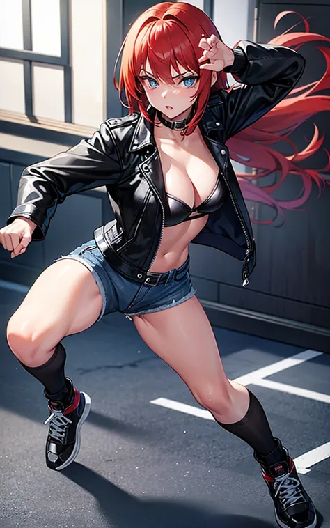 Beautiful and sexy 18 year old girl, long hair redhead, blue-eyed, black leather jacket, short shirt with black bra, hot blue short jean shorts, white tennis shoes, fighting pose, defense pose, on guard