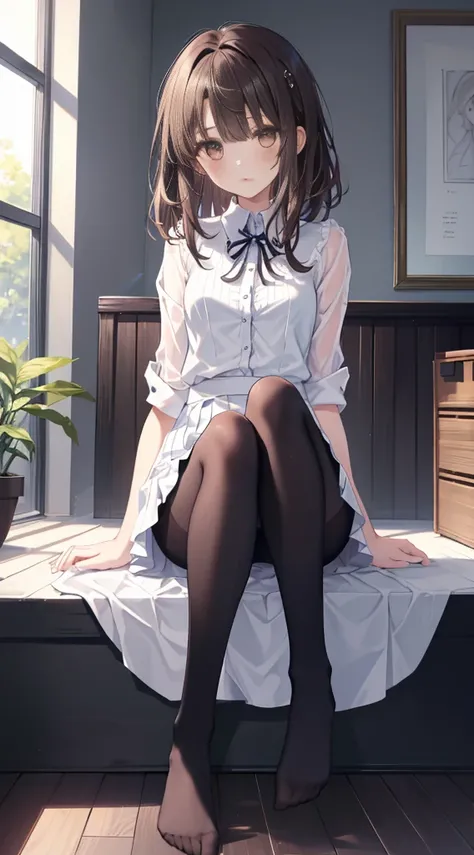 Top quality, masterpiece, high resolution, (from head to foot full body), front, frontやや下からの構図, symmetry, 18-year-old girl is tall, Solitary, (from head to foot), (Small Breasts), Messy Brown Hair, Bangs, (Black tights), (Black pantyhose), (sit down), (Cro...