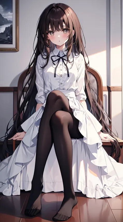 Top quality, masterpiece, high resolution, (from head to foot full body), front, frontやや下からの構図, symmetry, 18-year-old girl is tall, Solitary, (from head to foot), (Small Breasts), Messy Brown Hair, Bangs, (Black tights), (Black pantyhose), (sit down), (Cro...