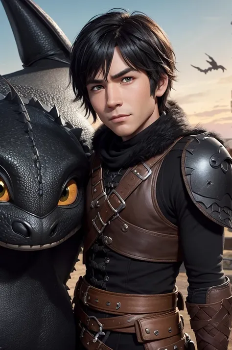 Create a male character with the characteristics of the film "How to train your dragon", where this character has black hair, black eyes and fair skin 