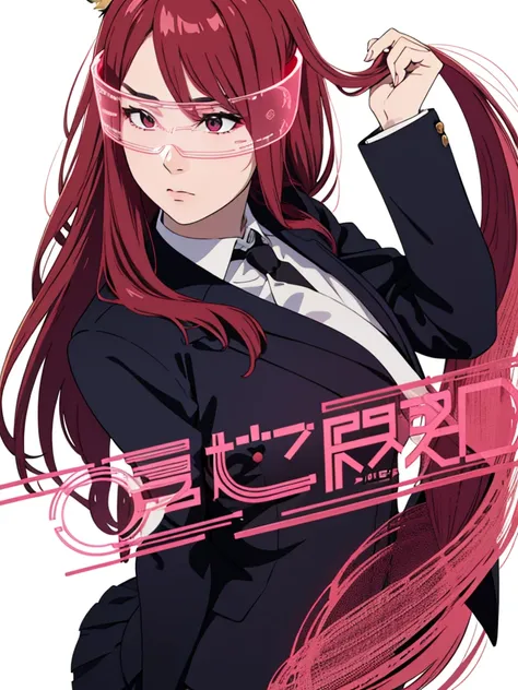 1girl ,solo,20s,mature female,red hair,long hair,fox ears,(white background, line drawing),shirt,black standard tie,blue blazer,long sleeves, black pleated skirt,pink cyber glasses