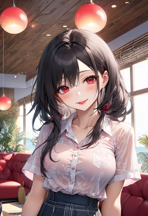 (talking style) (in a casual summer blouse, skirt), (solo:2, 18 yo straight black hair long hair cool dominance girl, detailed cool red eyes, love smile, pink lips, big tits), break, in the lounge, BREAK, perfect anatomy, masterpiece, best quality, 16k, be...