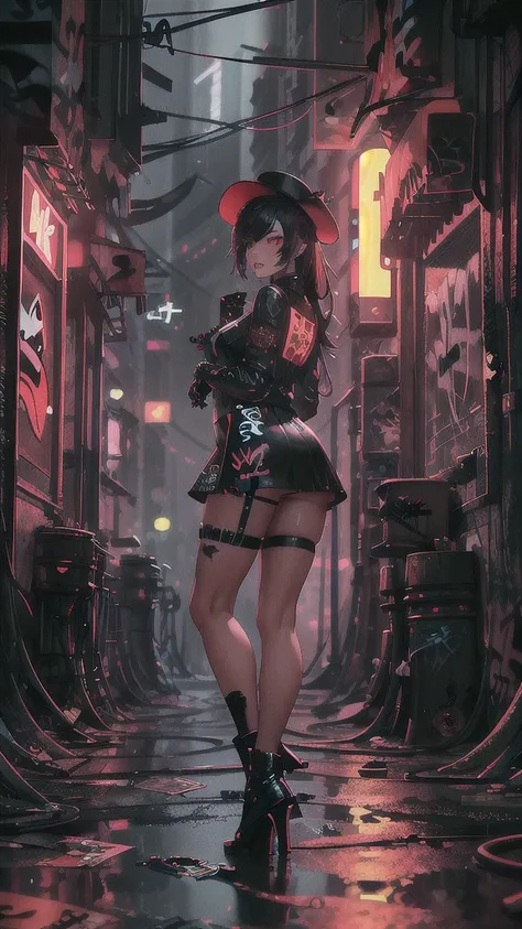 masterpiece, best quality, 1lady, solo, black hanting hat, black shirt, black mini skirt,black boots,    (graffiti:1.5), arms behind back, looking at viewer, thigh strap, paint on face, head tilt, bored, red and multicolored hair, red eyes, white stars in ...