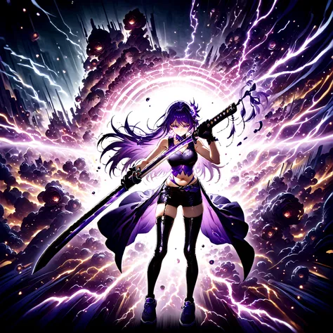 Anime girl with very long dark purple hair and a flower hair accessory wearing black short jeans with latex socks and a sport shoes wearing a cut shirt with no sleeves and half cut from below showing her belly with a black vest with short latex gloves purp...