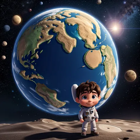 Happy astronaut  in dark space with planet earth rendering in the background