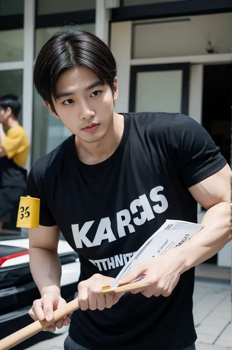 Korean man, Inspiration from Peng Yuyan, 30 years old, 236 years old, Cute Korean Face, 35 yo, 33 year old Korean muscular man，Gym in the background, black t-shirt