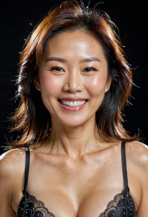 face perfect, beautiful face of a 45 year old Korean woman, Smiling beautiful, with black background, with random Bra, very sexy 