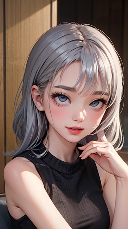 blush a little and smile, (Top quality masterpiece:1.2) Delicate illustrations, Very detailed, /Beautiful Japanese Women、1 person,Very cute and slim、Great style 、((8K images、super high quality))、Very delicate face, Skin and Hair、beautifule forehead、Red lip...