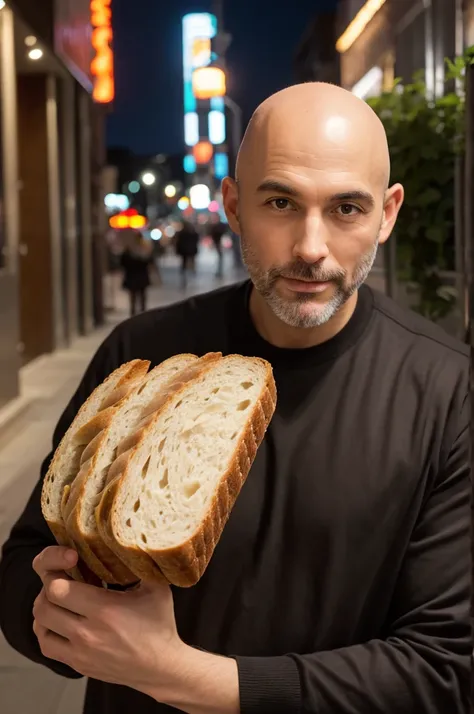 Bald man eating bread　night