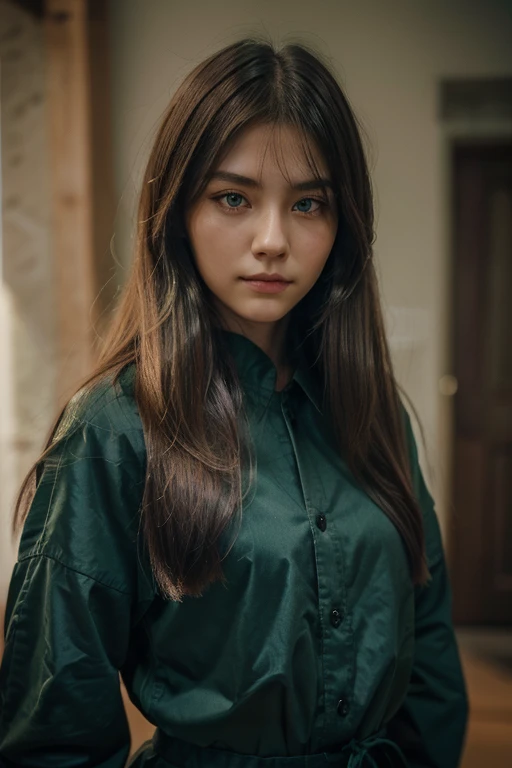 a girl with long wolf cut hairstyle, darkgreen green long hair, facing forward, with a cool smirk, beautiful face, masterpiece, best quality, boyish clothing, korean girl, dark blue green eyes, masterpiece, portrait.