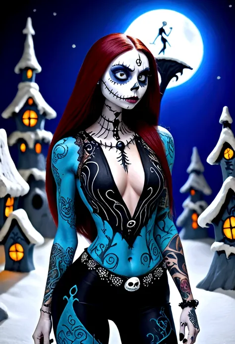 Create a hyper detailed photograph of a nightmare before Christmas tattooed muscular young sexy sally Skellington, Stunningly perfect gorgeous face, perfect makeup,detailed vibrant eyes, long hair, big beautiful muscular legs, big beautiful muscular arms, ...