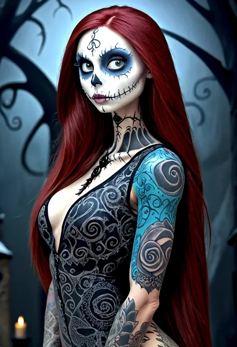 Create a hyper detailed photograph of a nightmare before Christmas tattooed muscular young sexy sally Skellington, Stunningly perfect gorgeous face, perfect makeup,detailed vibrant eyes, long hair, big beautiful muscular legs, big beautiful muscular arms, ...