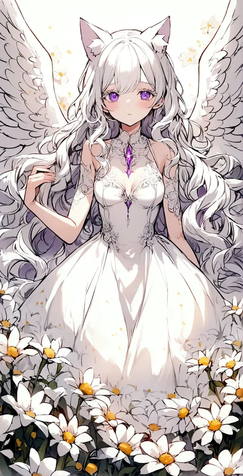 Embarrassing,Long Wavy Hair,White hair is very attractive, Detailed and precise manual work, Attractive girl, White cat ears,Purple eyes and white eyelashes,light in your eyes,Big angel wings,A subject that stands out in a flower field, White delicate dres...