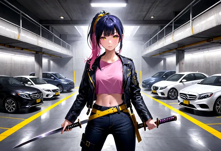 Adult Asian woman with pink eyes and dark blue, yellow hair in a ponytail with bangs that go down to her nose divided into three strands, with part of one of the strands of the bangs being dyed pink, She wears a black leather jacket with a purple shirt und...