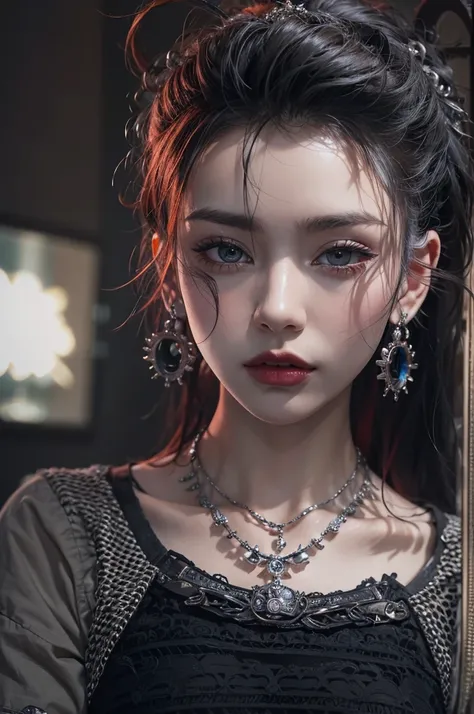 Highest quality、8K、masterpiece：1.3、Gothic Punk、The inner  is red、Gray Black Hair、hair ornaments、beautiful girl、creative、Punk Shirt、Neogoth、Goth Fashion：1.2、High resolution、masterpiece、Highest quality、頭w:1.3、((Hasselblad Photos))、Fine skin、Sharp focus、(Cine...