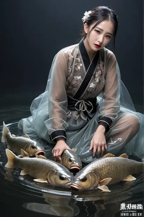 [ (Character art provided by Artgerm:1.0) and Claude Monet::18], professional, water, fatigue (A pile of transparent goods!:1.2) , Wearing carp-like clothing, severe, water粉画, Studio Lighting, Matte Skin