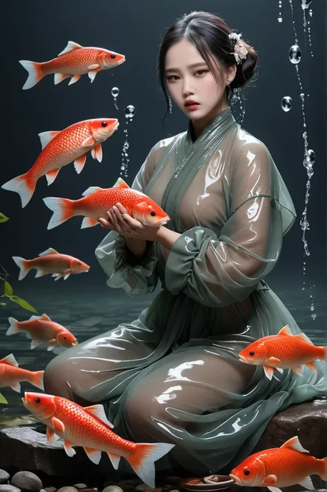 [ (Character art provided by Artgerm:1.0) and Claude Monet::18], professional, water, fatigue (A pile of transparent goods!:1.2) , Wearing carp-like clothing, severe, water粉画, Studio Lighting, Matte Skin