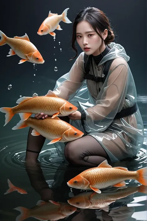 [ (Character art provided by Artgerm:1.0) and Claude Monet::18], professional, water, fatigue (A pile of transparent goods!:1.2) , Wearing carp-like clothing, severe, water粉画, Studio Lighting, Matte Skin