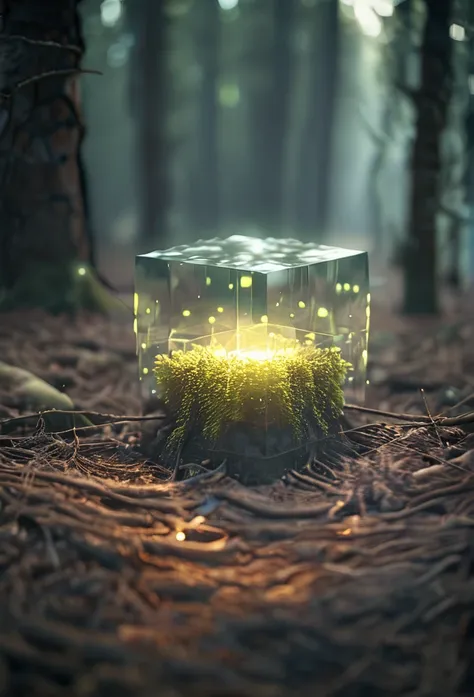 Glowing square shape in forest, depth of field