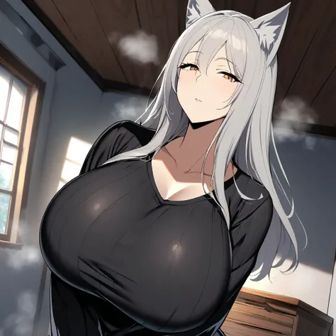 1girl,solo,Mature Women,Females in heat,grey hair color,long hair,wolf ears,blonde eyes,slanted eyes,super huge breasts,slender,black knit long sleeves,breath,amorous glance,mature and sexy,looking at viewer,very near,standing up,expressionless,house,in ro...