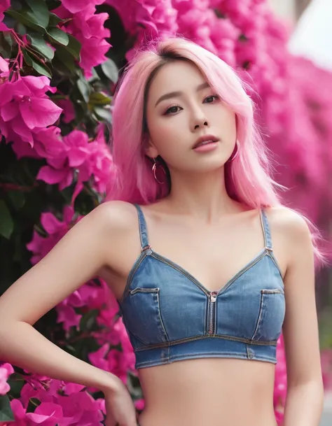 (highly detailed body, highly detailed face, best quality:1.2) ,A Woman, with long pink hair, look away from viewer, side poses,(denim lace bra, denim shorts ), (Pink bougainvillea mess in background:1.4), dynamic poses,far away shot, 16K, photorealistic, ...