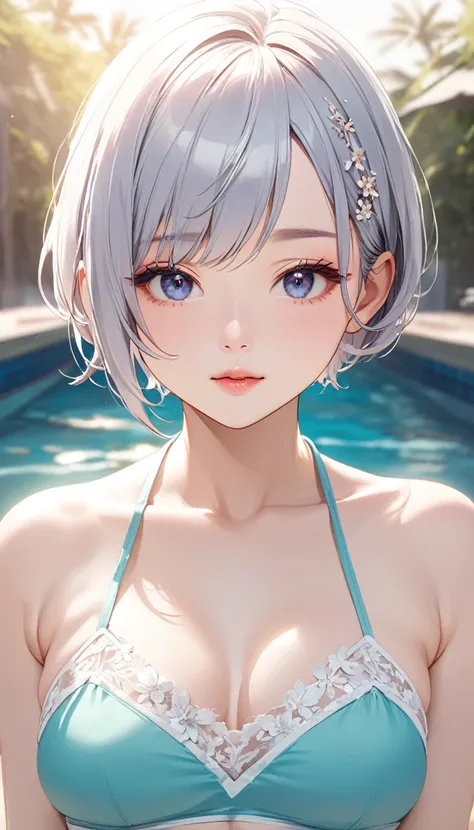 (((masterpiece))),(((High resolution)))、(((8K quality)))、(((perfect face)))、(((Korean beauty))), 30 years old, (((tube top))), bikini, panty, look at the camera, ((high resolution face)), ((top quality eyes)), ((detailed texture)), short hair, at the pool,...