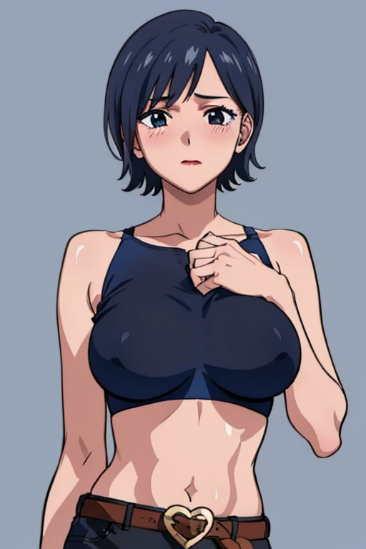 mikictr, 1girl, solo, black eyes, short hair, closed mouth, lipstick, blush, large breasts, crop top, no bra, midriff, navel, upper body, standing, belt, blue short shorts, simple background