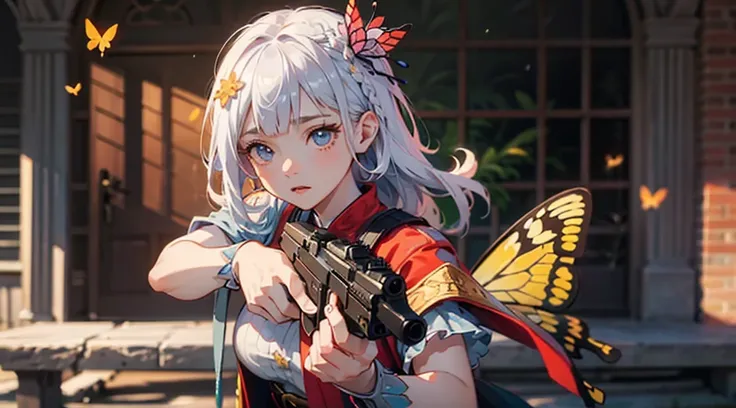 Octane Render、(Hyper-detailing: 1.15)、cinematic lightening、Cute Fantasy Princess、Handgun shooting practice、Fine Pattern Pistol,long boots、ultradetailed eyes、Full Paint、（Floral hair ornament、butterfly hair ornament）、masutepiece、Anatomically correct、blur、dep...