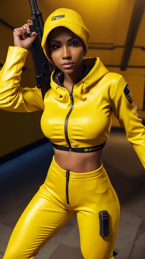 a woman in yellow holding a rifle and a gun, yellow battlefield theme, yellow overall, female full body, full body female, female lead character, full body shot hyperdetailed, katana zero video game character, elegant yellow skin, with yellow cloths, full ...