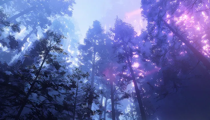 Eerie Dark Forest, Trees in the fog々Sunlight shines in from between, Cinematic forest lighting, 