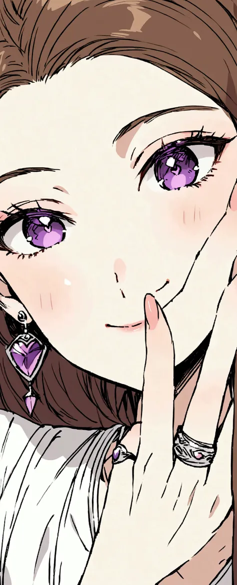 Detailed and precise manual work,I love short brown hair,Purple eyes,White cool dress,ring earrings,Your smile is beautiful,Hand-drawn illustrations