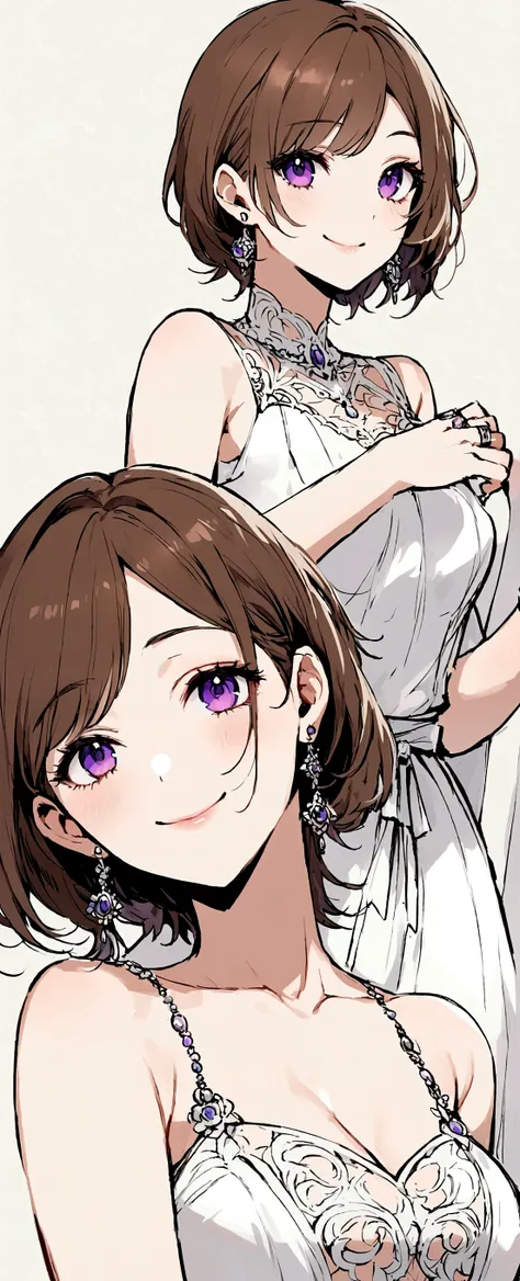 Detailed and precise manual work,I love short brown hair,Purple eyes,White cool dress,ring earrings,Your smile is beautiful,Hand-drawn illustrations