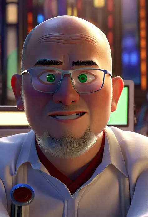 best qualityer, high resolution, Pixar-style, distinct image, Youngh, masculine, Doctor, baldie, kind, wear glasses, greeneyes, he uses a wheelchair, Cao Cao, roupa branca de Doctor, white social pants, white dress shoes, sitting in wheelchair with compute...