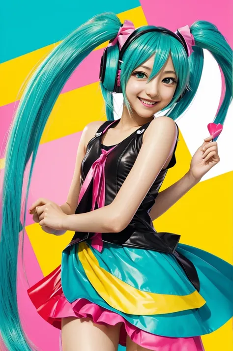 Hatsune Miku in a very colorful style, happy, and with a brilliant aura