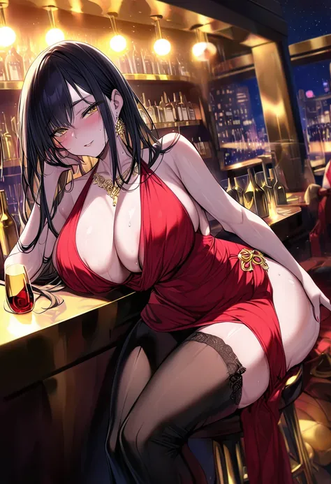 Adult female, milf, busty, hidden hourglass figure, sexy red dress, messy and long black hair, golden yellow irises, defined black pupils, seductive, blushing, casino, drinking wine at bar, sitting at bar, night, perfect eyes, highly detailed, best detail,...