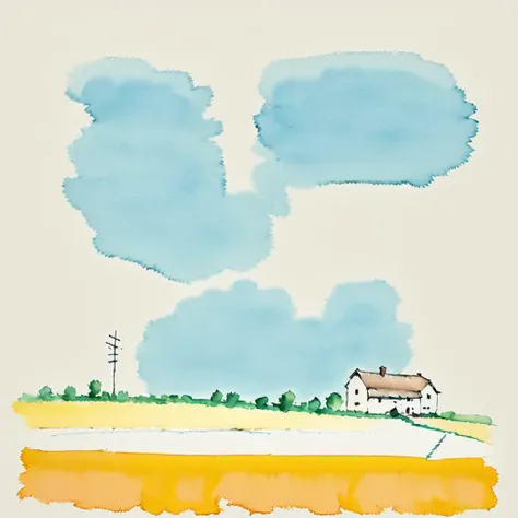 watercolor, minimalism, home with field, solid background with light blue, with phrase "A good home must be made, not bought", feel soft & warm