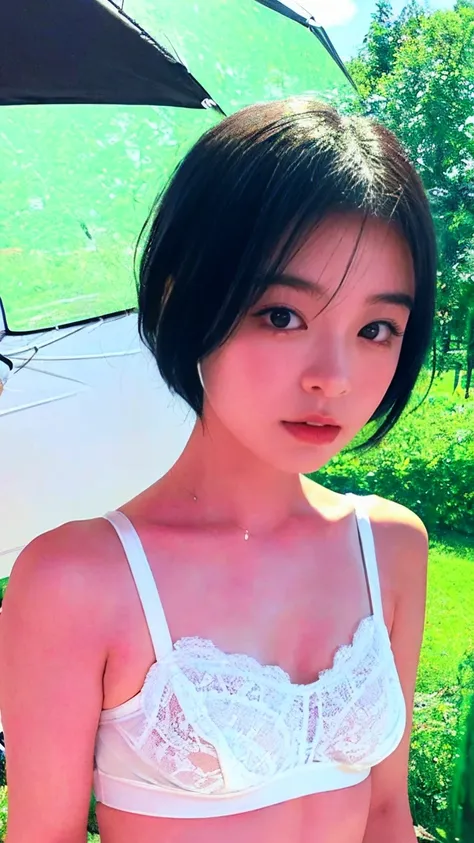 (8k、RAW Photos、highest quality、masterpiece:1.2)、(Realistic、Realistic)、1 Japanese girl、(Short hair)、((Black Hair))、((White Lingerie))、((Petite Woman))、(((Big Breasts)))、skeletally correct、((small eyes))